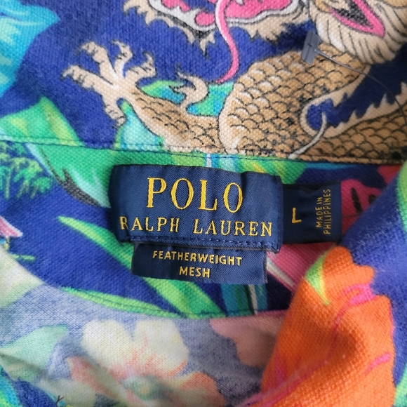 POLO RALPH LAUREN MEN SHIRT FEATHERWEIGHT MESH DRAGON HAWAIIAN BLUE ORANGE VTG L - Picture 4 of 8
